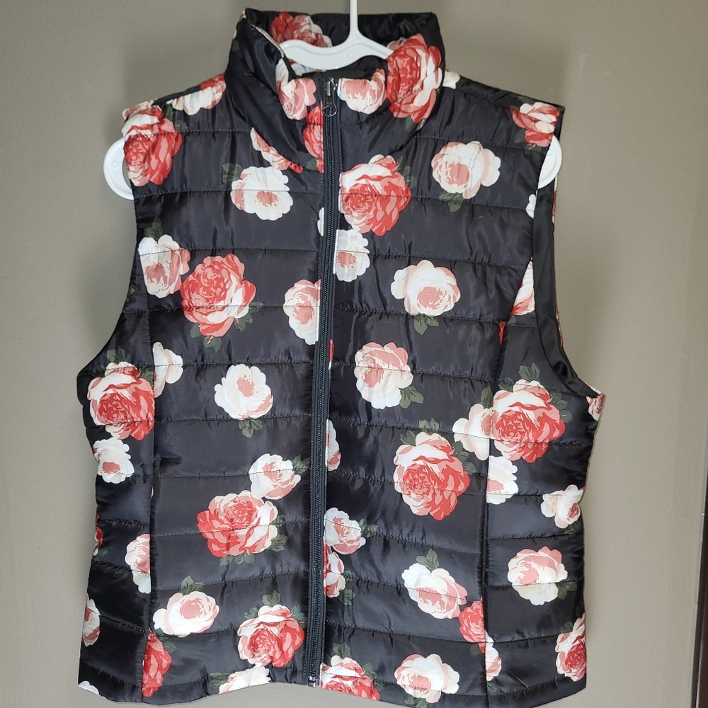 Loft Black Floral Red Pink White Puffer Vest Full Zip Pockets Size Medium
